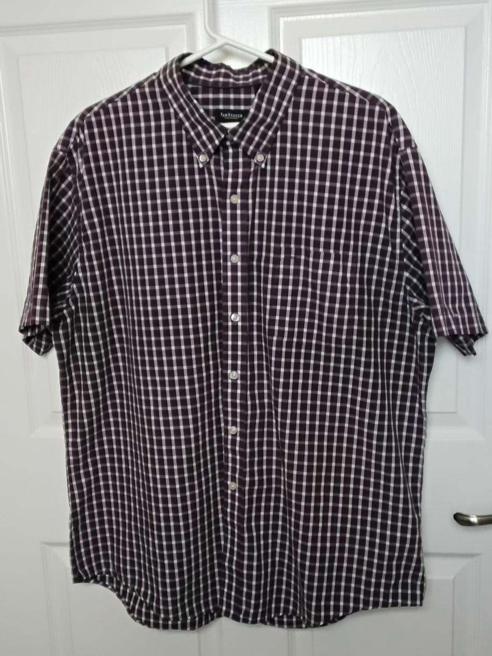 Van Heusen Men’s Short Sleeve Purple And White  Plaid Button-Down Shirt